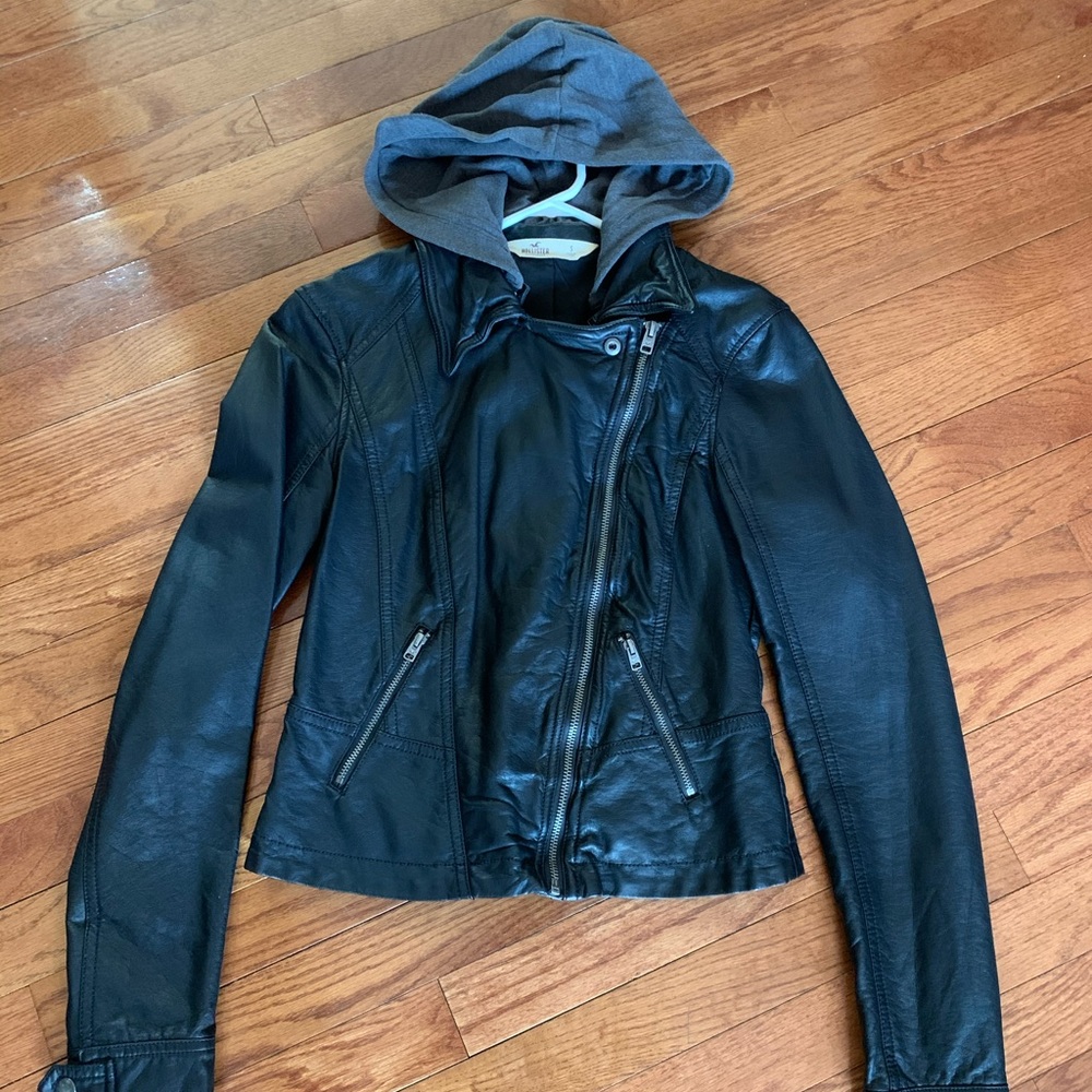 Hollister Black Hooded Leather Jacket
